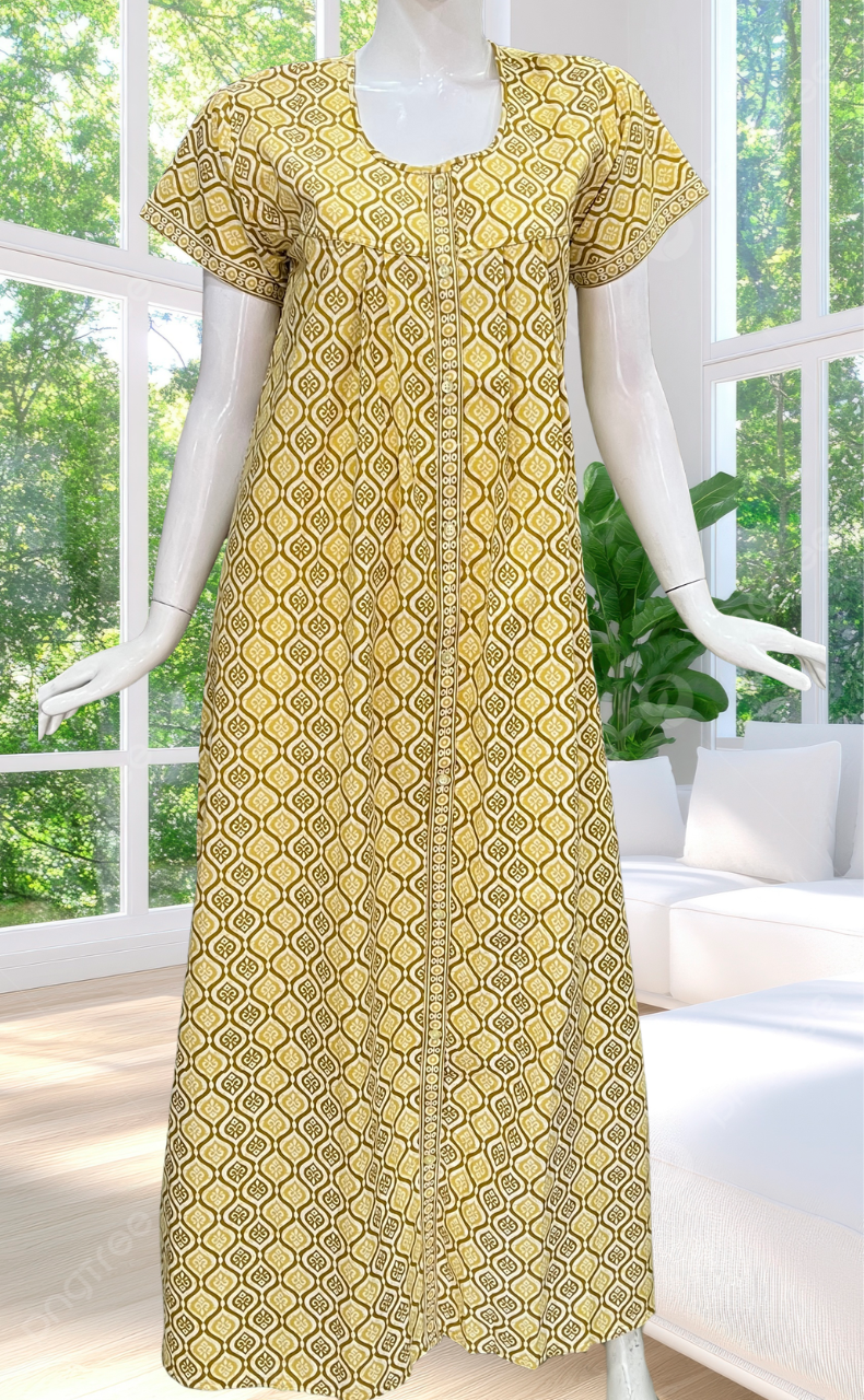 Lime Yellow Abstract Full Open Pure Cotton Nighty. Pure Cotton | Laces and Frills