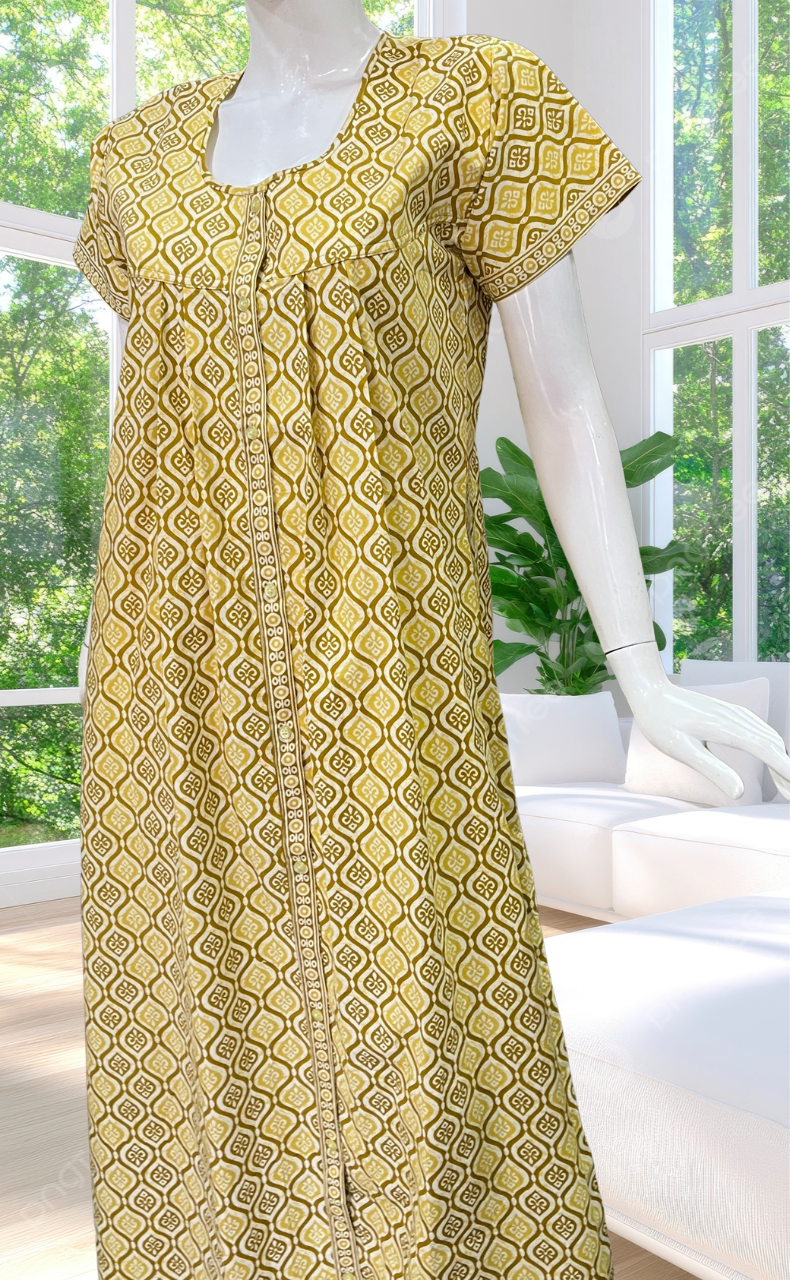 Lime Yellow Abstract Full Open Pure Cotton Nighty. Pure Cotton | Laces and Frills