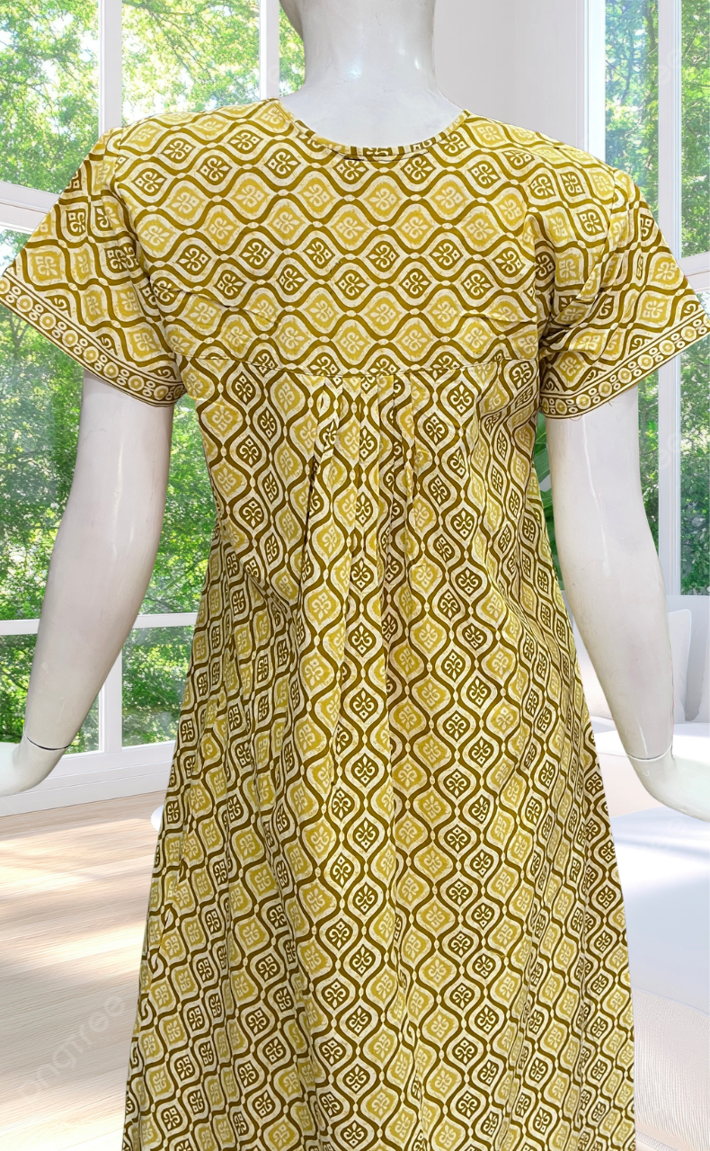 Lime Yellow Abstract Full Open Pure Cotton Nighty. Pure Cotton | Laces and Frills