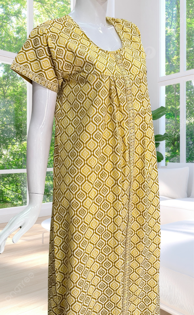 Lime Yellow Abstract Full Open Pure Cotton Nighty. Pure Cotton | Laces and Frills