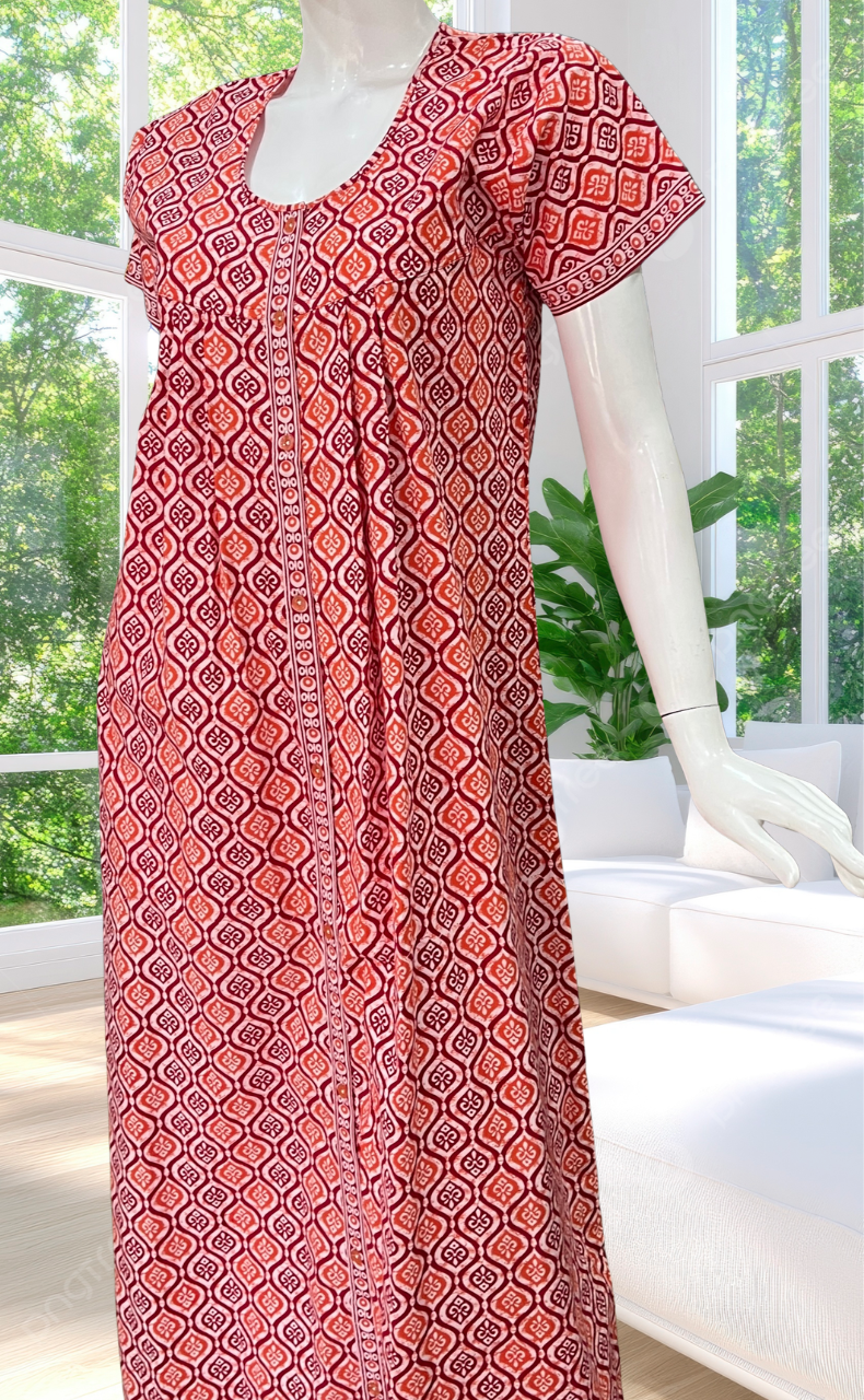 Red Abstract Full Open Pure Cotton Nighty. Pure Cotton | Laces and Frills