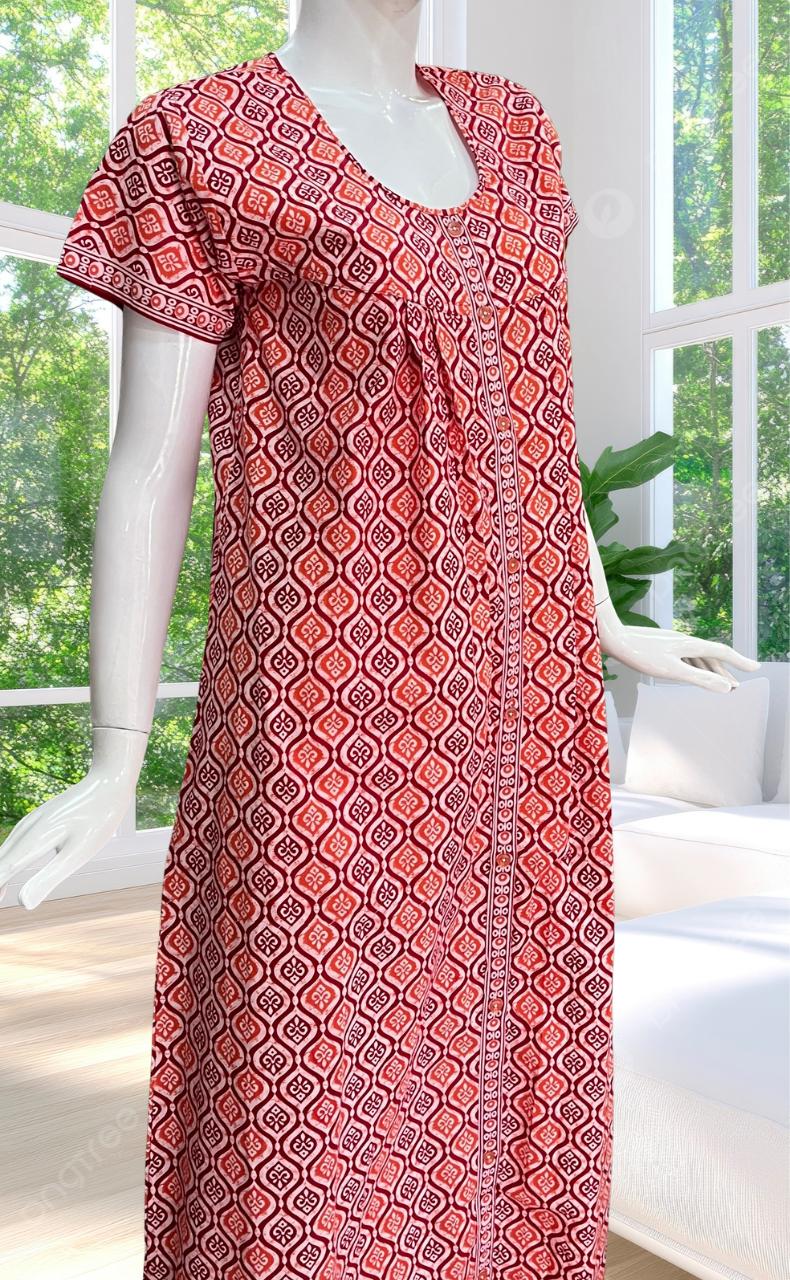 Red Abstract Full Open Pure Cotton Nighty. Pure Cotton | Laces and Frills