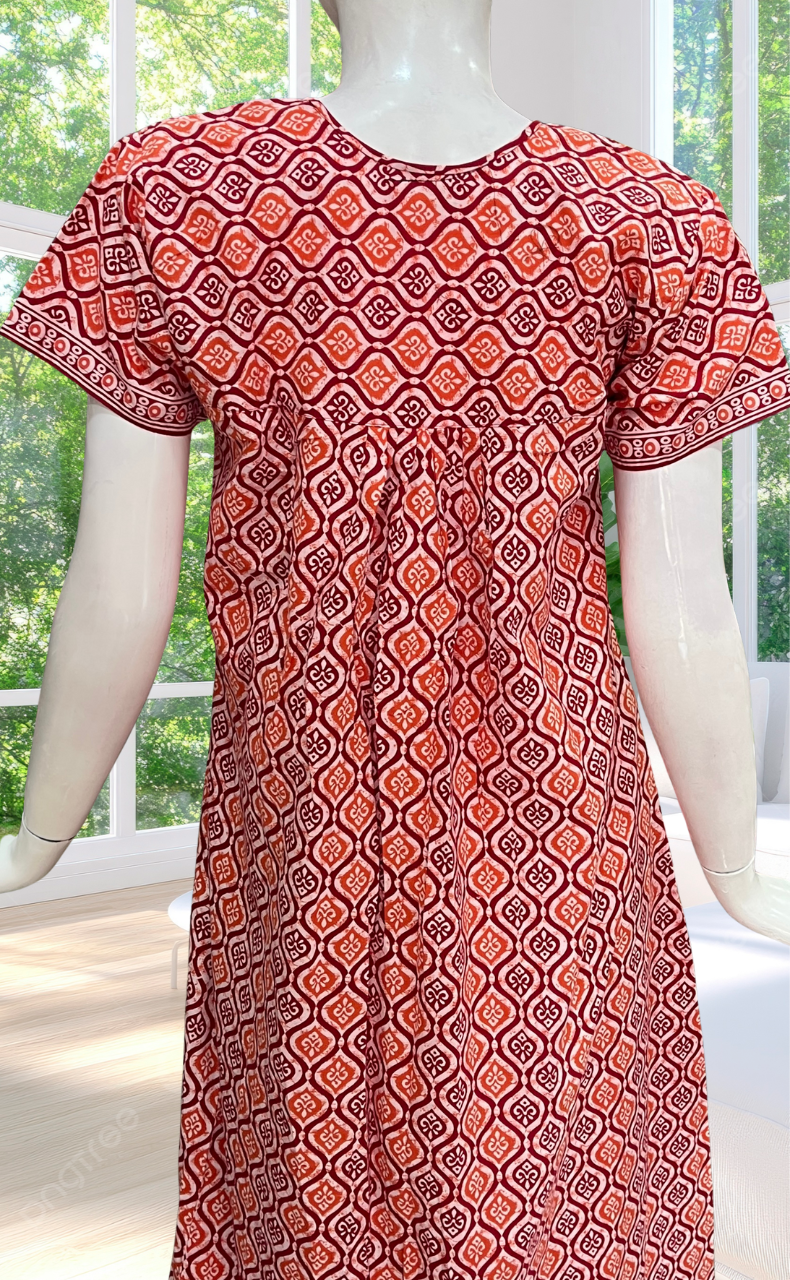 Red Abstract Full Open Pure Cotton Nighty. Pure Cotton | Laces and Frills