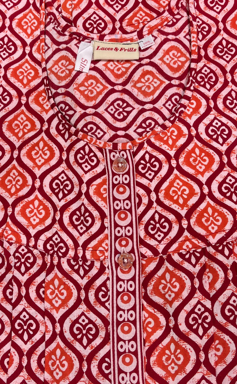 Red Abstract Full Open Pure Cotton Nighty. Pure Cotton | Laces and Frills