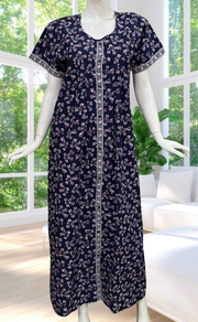 Blue Floral Full Open Pure Cotton Nighty. Pure Cotton | Laces and Frills