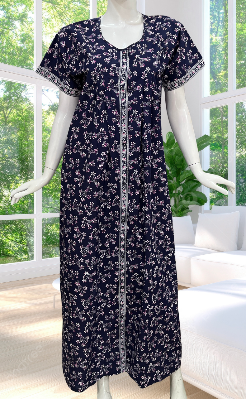 Blue Floral Full Open Pure Cotton Nighty. Pure Cotton | Laces and Frills