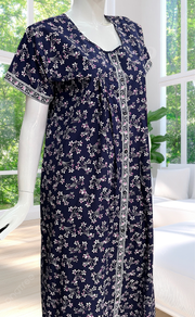 Blue Floral Full Open Pure Cotton Nighty. Pure Cotton | Laces and Frills