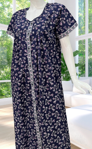 Blue Floral Full Open Pure Cotton Nighty. Pure Cotton | Laces and Frills