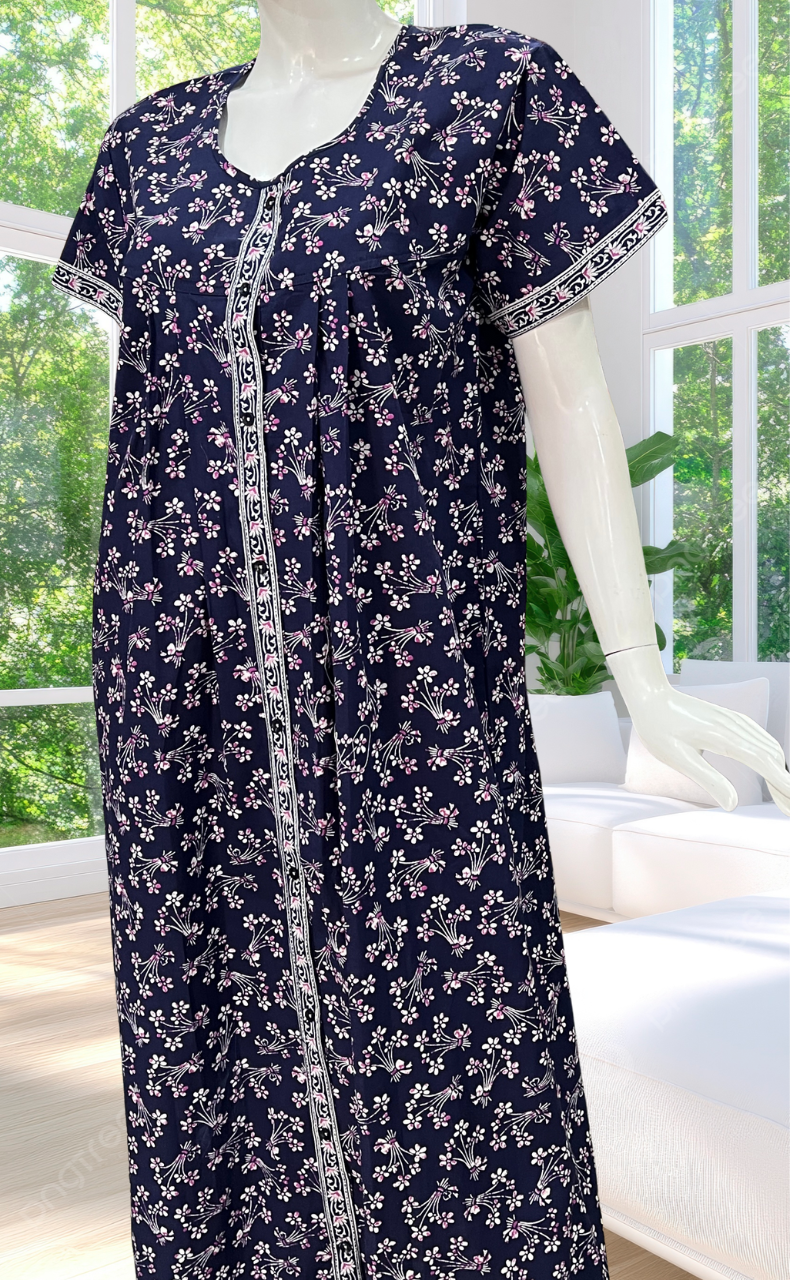 Blue Floral Full Open Pure Cotton Nighty. Pure Cotton | Laces and Frills