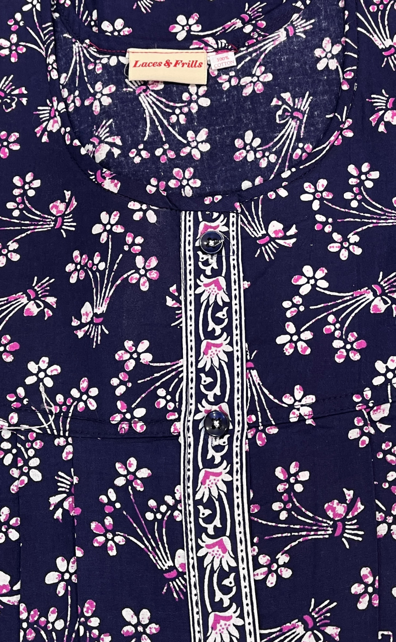 Blue Floral Full Open Pure Cotton Nighty. Pure Cotton | Laces and Frills