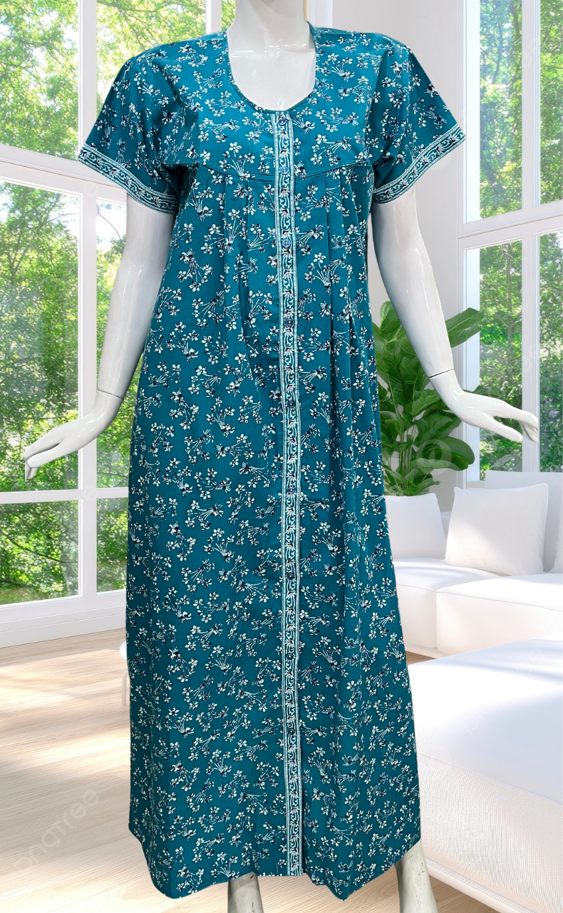 Sky Blue Floral Full Open Pure Cotton Nighty. Pure Cotton | Laces and Frills