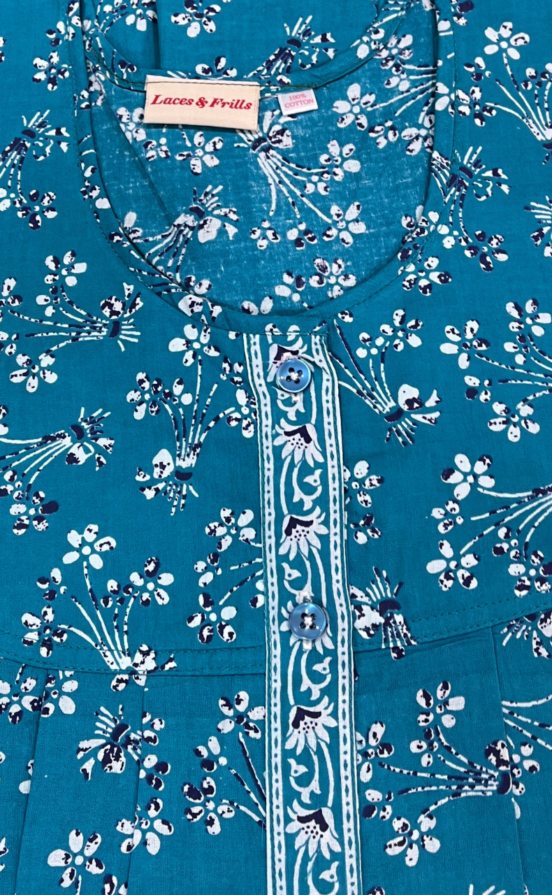 Sky Blue Floral Full Open Pure Cotton Nighty. Pure Cotton | Laces and Frills