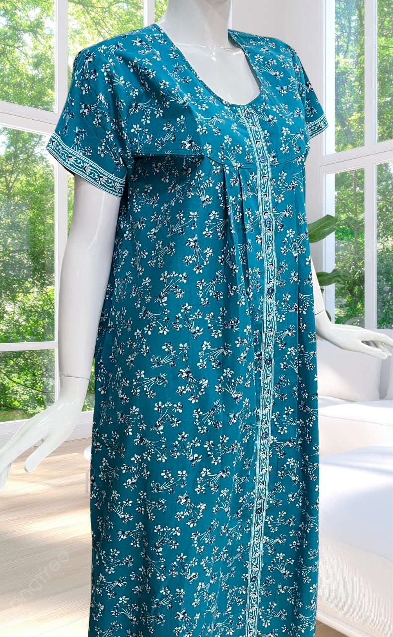Sky Blue Floral Full Open Pure Cotton Nighty. Pure Cotton | Laces and Frills