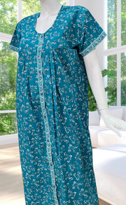 Sky Blue Floral Full Open Pure Cotton Nighty. Pure Cotton | Laces and Frills