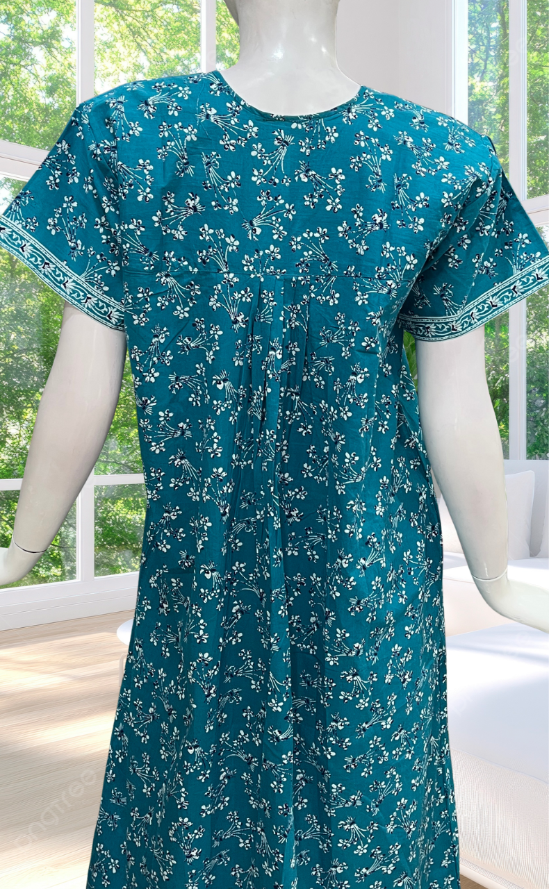 Sky Blue Floral Full Open Pure Cotton Nighty. Pure Cotton | Laces and Frills