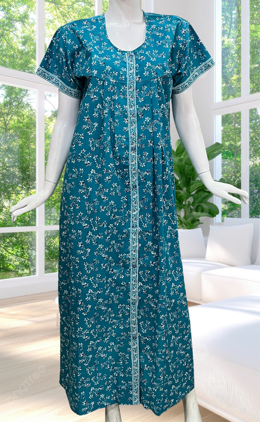 Sky Blue Floral Full Open Pure Cotton Nighty. Pure Cotton | Laces and Frills