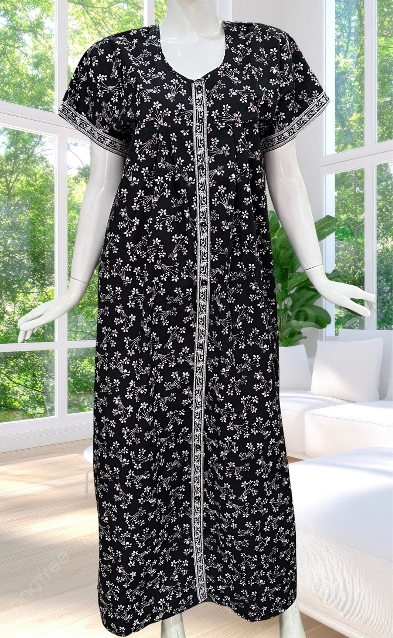 Black Floral Full Open Pure Cotton Nighty. Pure Cotton | Laces and Frills