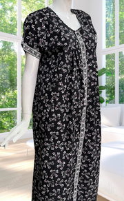Black Floral Full Open Pure Cotton Nighty. Pure Cotton | Laces and Frills