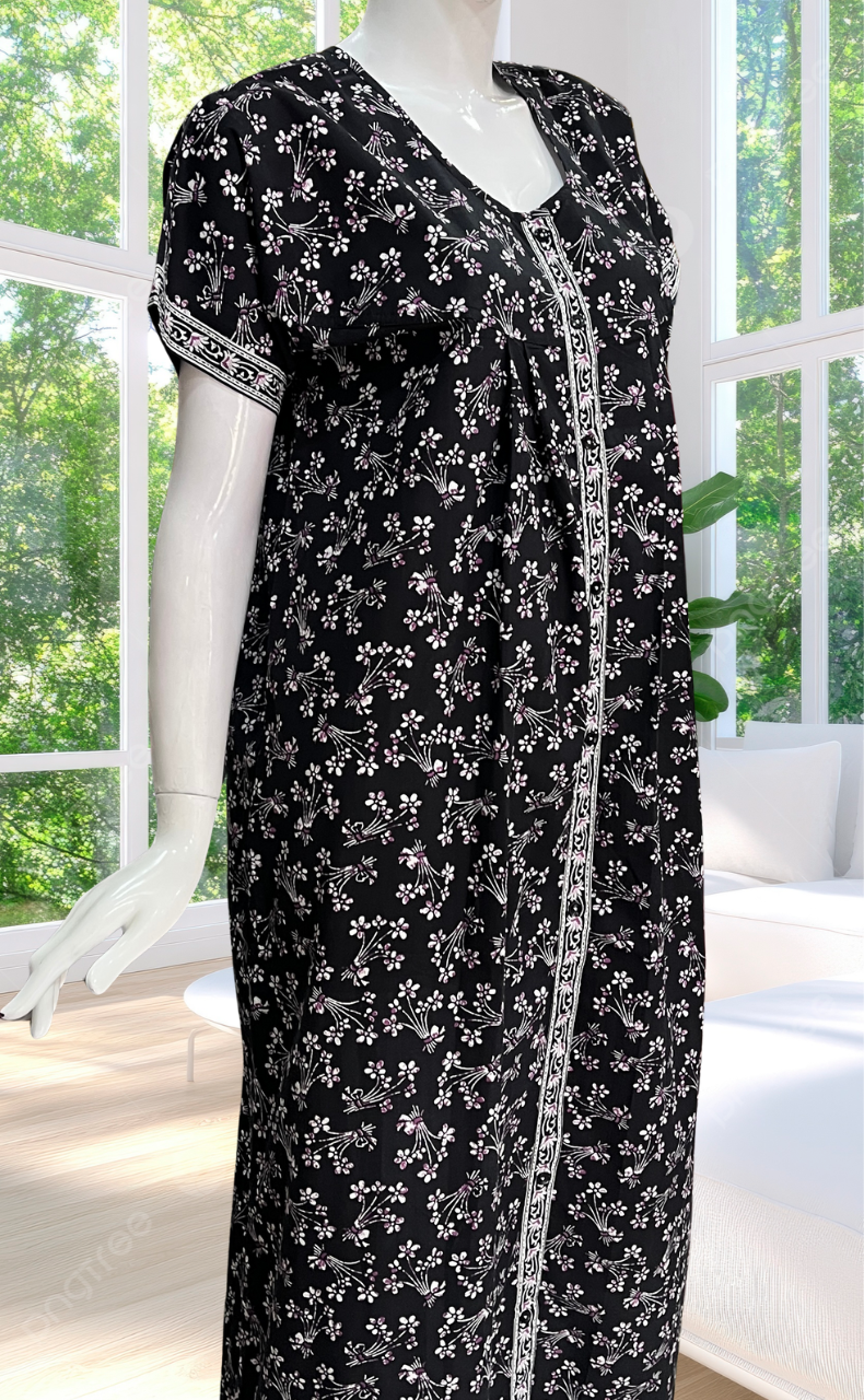 Black Floral Full Open Pure Cotton Nighty. Pure Cotton | Laces and Frills