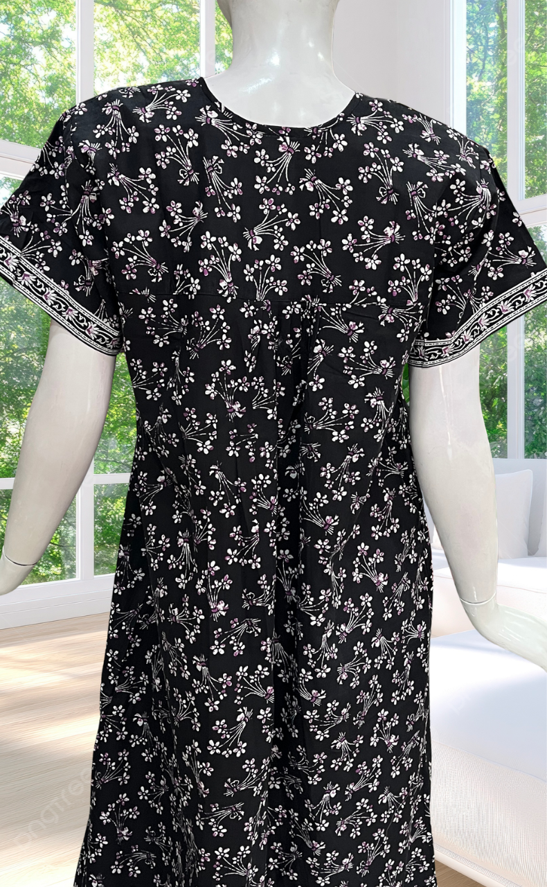 Black Floral Full Open Pure Cotton Nighty. Pure Cotton | Laces and Frills