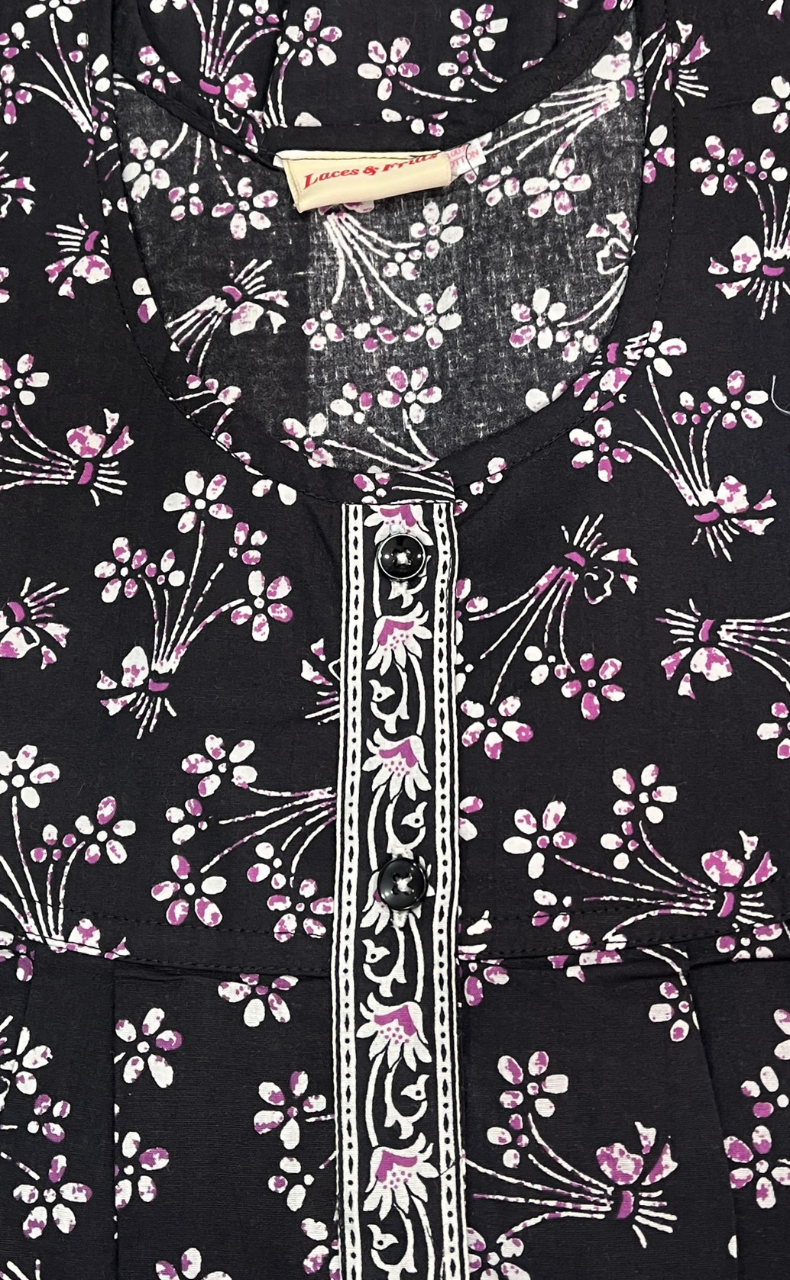 Black Floral Full Open Pure Cotton Nighty. Pure Cotton | Laces and Frills