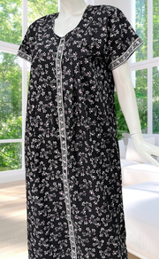 Black Floral Full Open Pure Cotton Nighty. Pure Cotton | Laces and Frills