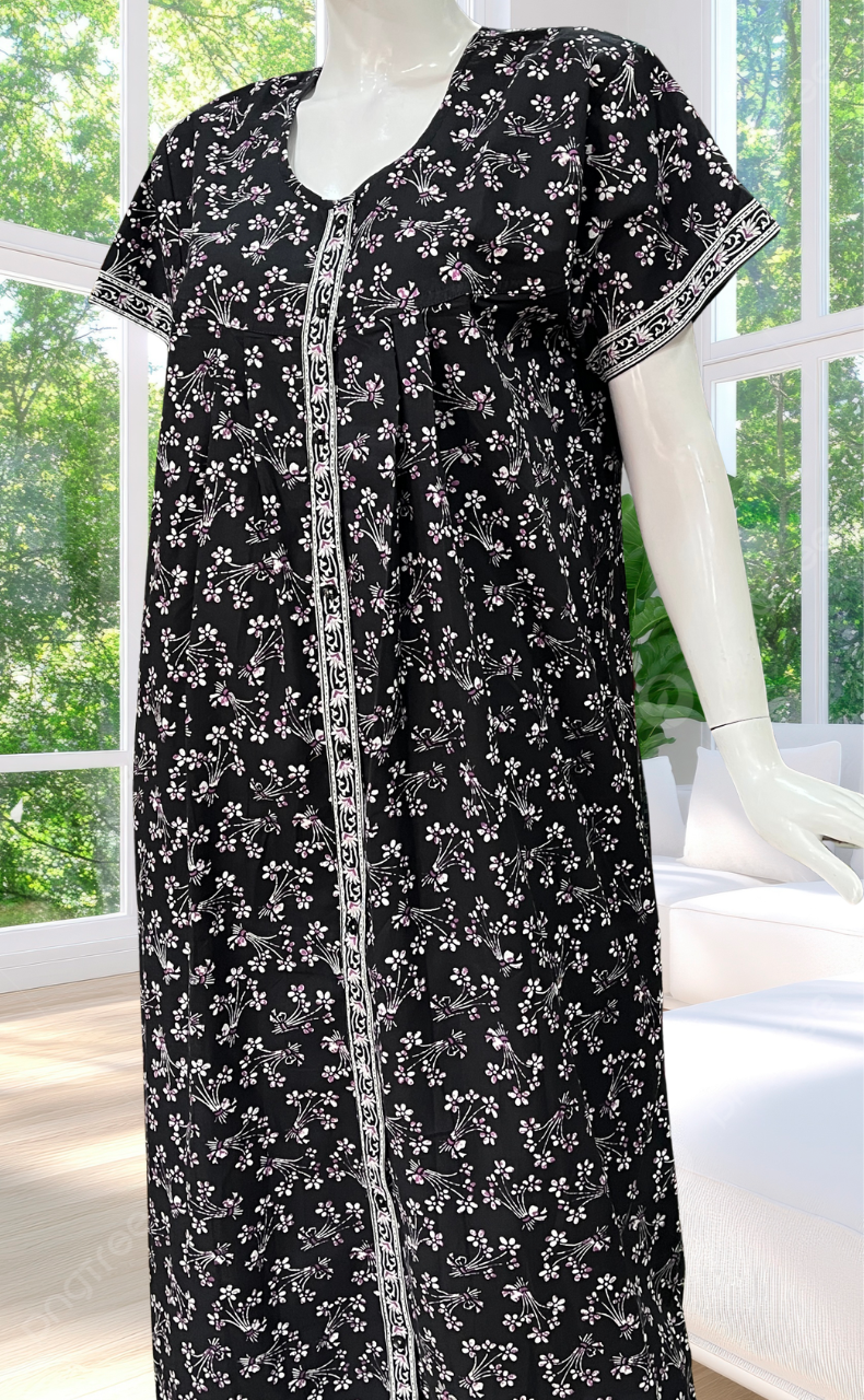 Black Floral Full Open Pure Cotton Nighty. Pure Cotton | Laces and Frills