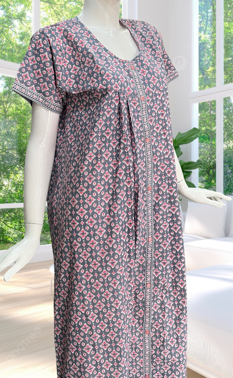 Grey Abstract Full Open Pure Cotton Nighty. Pure Cotton | Laces and Frills
