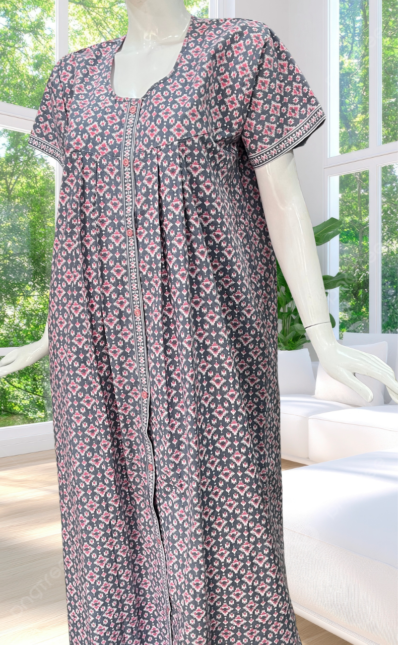 Grey Abstract Full Open Pure Cotton Nighty. Pure Cotton | Laces and Frills