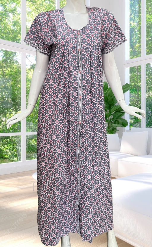 Grey Abstract Full Open Pure Cotton Nighty. Pure Cotton | Laces and Frills