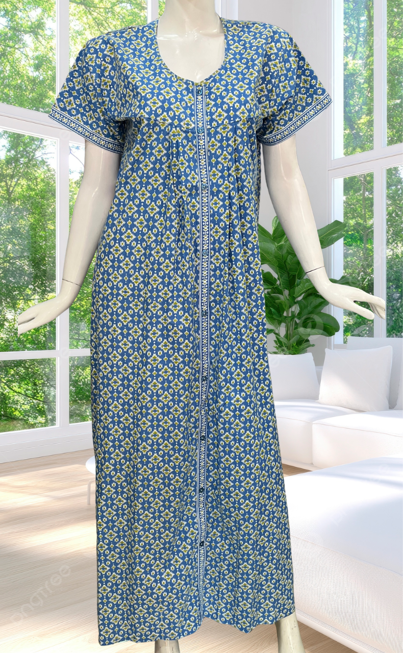 Blue Abstract Full Open Pure Cotton Nighty. Pure Cotton | Laces and Frills