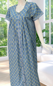 Blue Abstract Full Open Pure Cotton Nighty. Pure Cotton | Laces and Frills