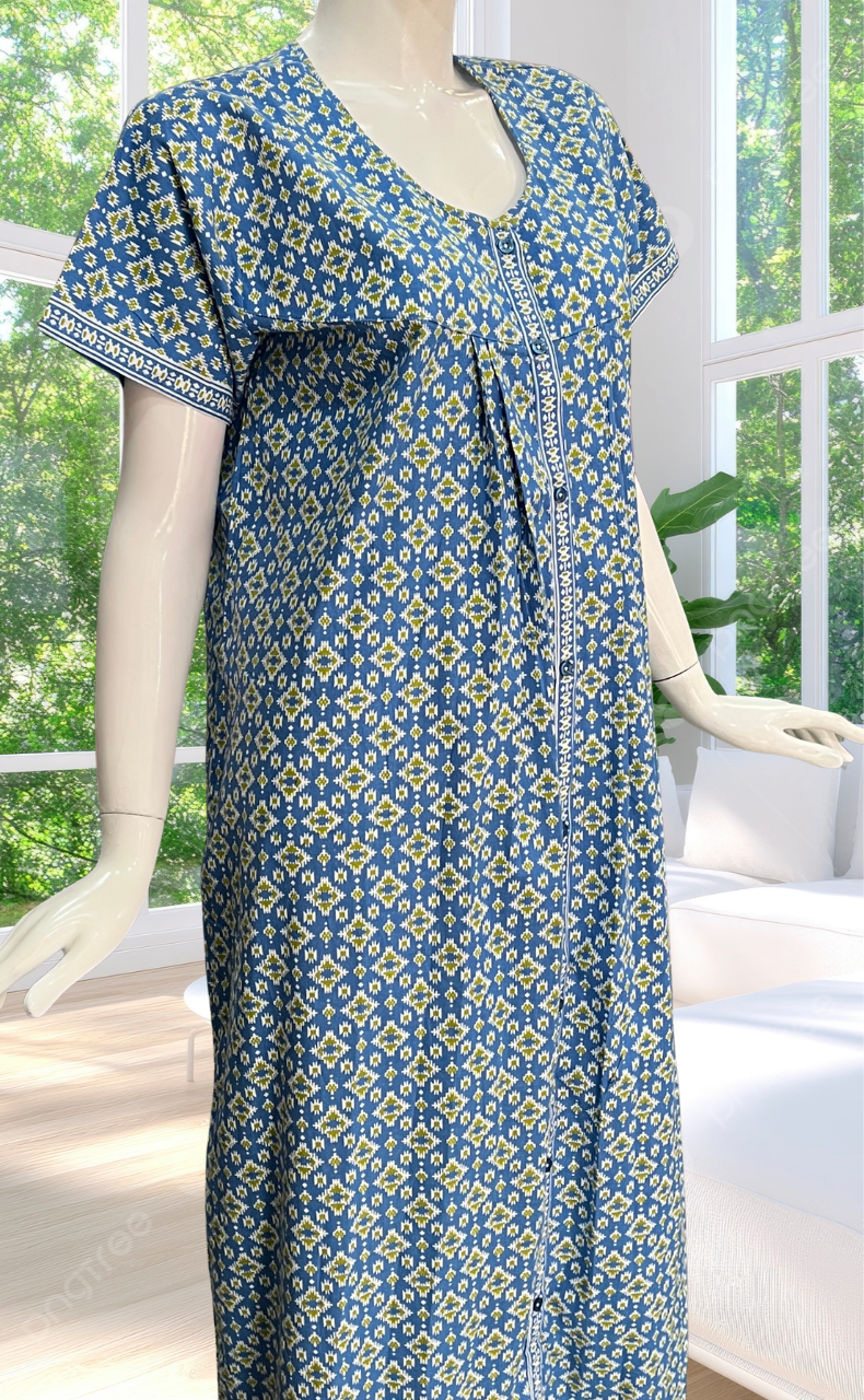 Blue Abstract Full Open Pure Cotton Nighty. Pure Cotton | Laces and Frills