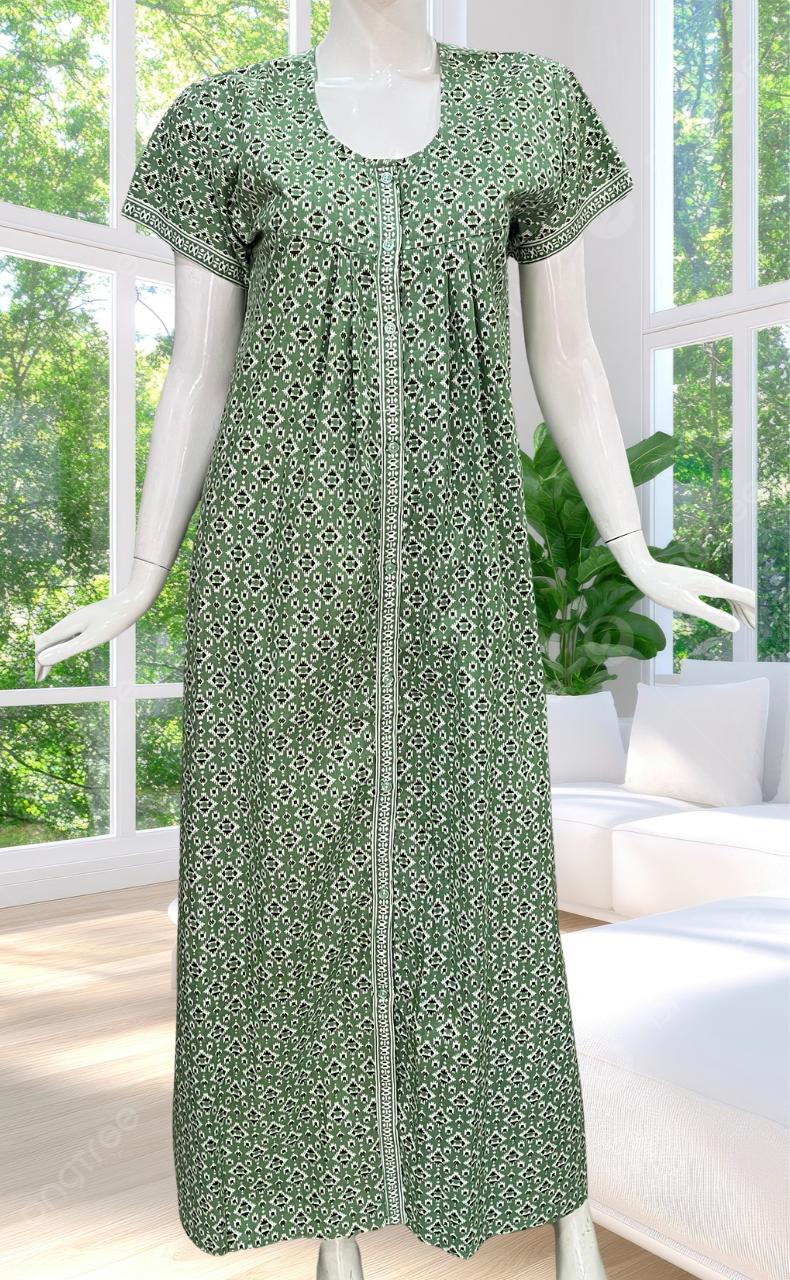 Pista Green Abstract Full Open Pure Cotton Nighty. Pure Cotton | Laces and Frills