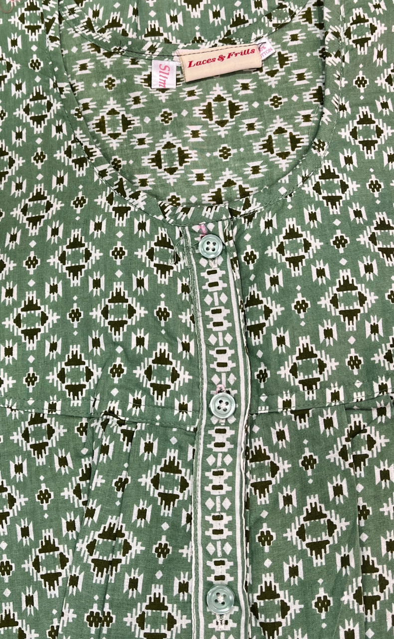 Pista Green Abstract Full Open Pure Cotton Nighty. Pure Cotton | Laces and Frills
