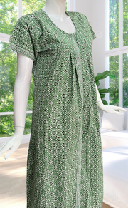 Pista Green Abstract Full Open Pure Cotton Nighty. Pure Cotton | Laces and Frills