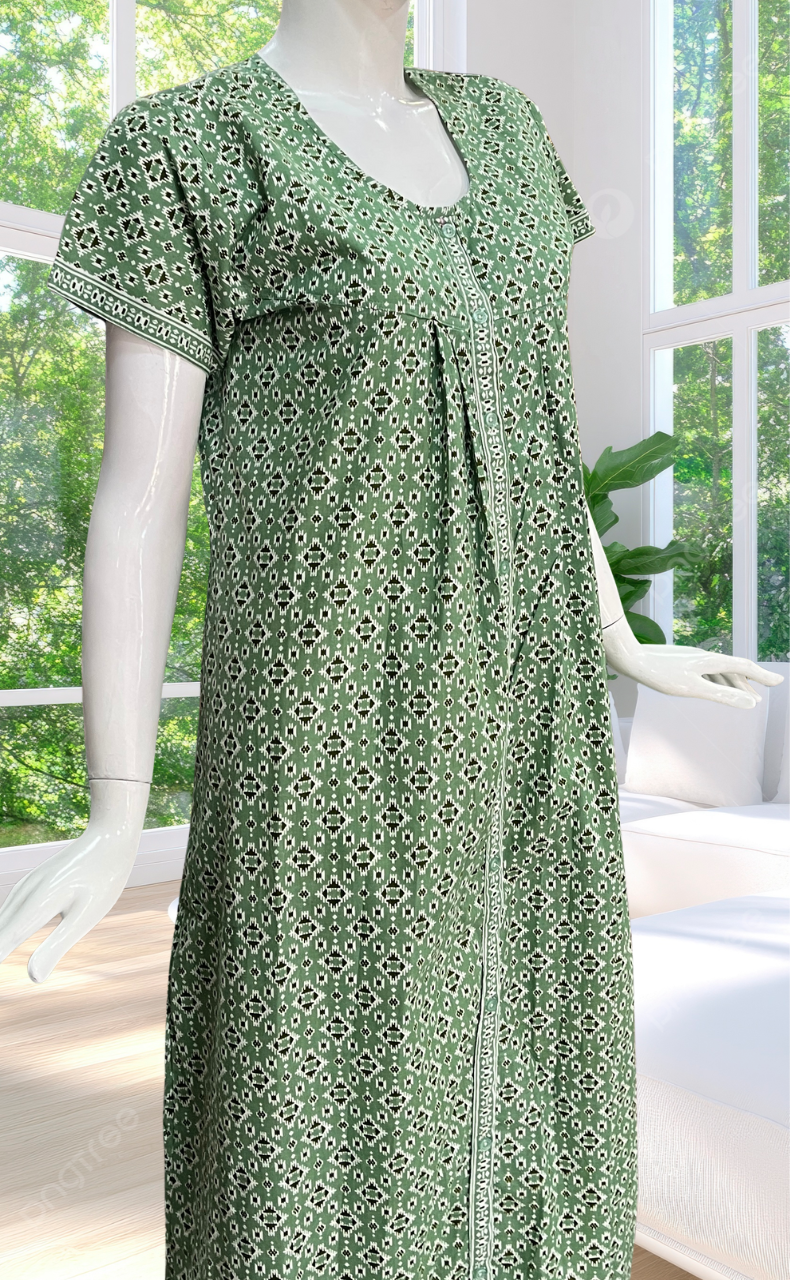 Pista Green Abstract Full Open Pure Cotton Nighty. Pure Cotton | Laces and Frills