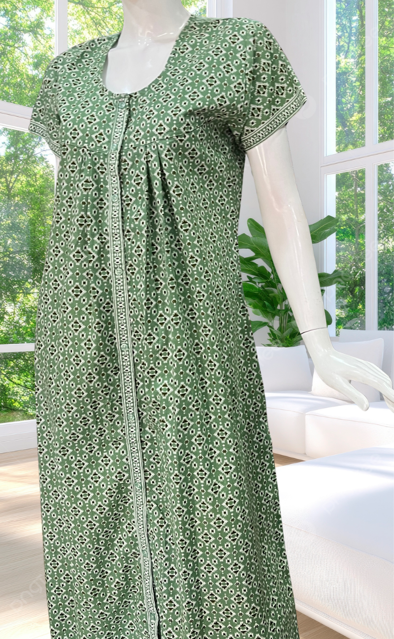 Pista Green Abstract Full Open Pure Cotton Nighty. Pure Cotton | Laces and Frills