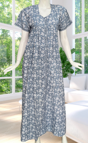 Grey Floral Full Open Pure Cotton Nighty. Pure Cotton | Laces and Frills