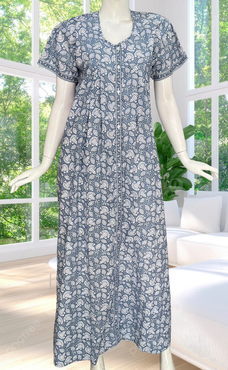Grey Floral Full Open Pure Cotton Nighty. Pure Cotton | Laces and Frills