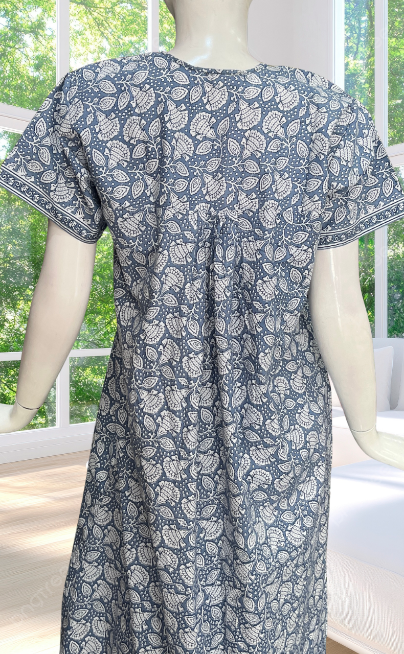 Grey Floral Full Open Pure Cotton Nighty. Pure Cotton | Laces and Frills