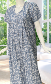 Grey Floral Full Open Pure Cotton Nighty. Pure Cotton | Laces and Frills