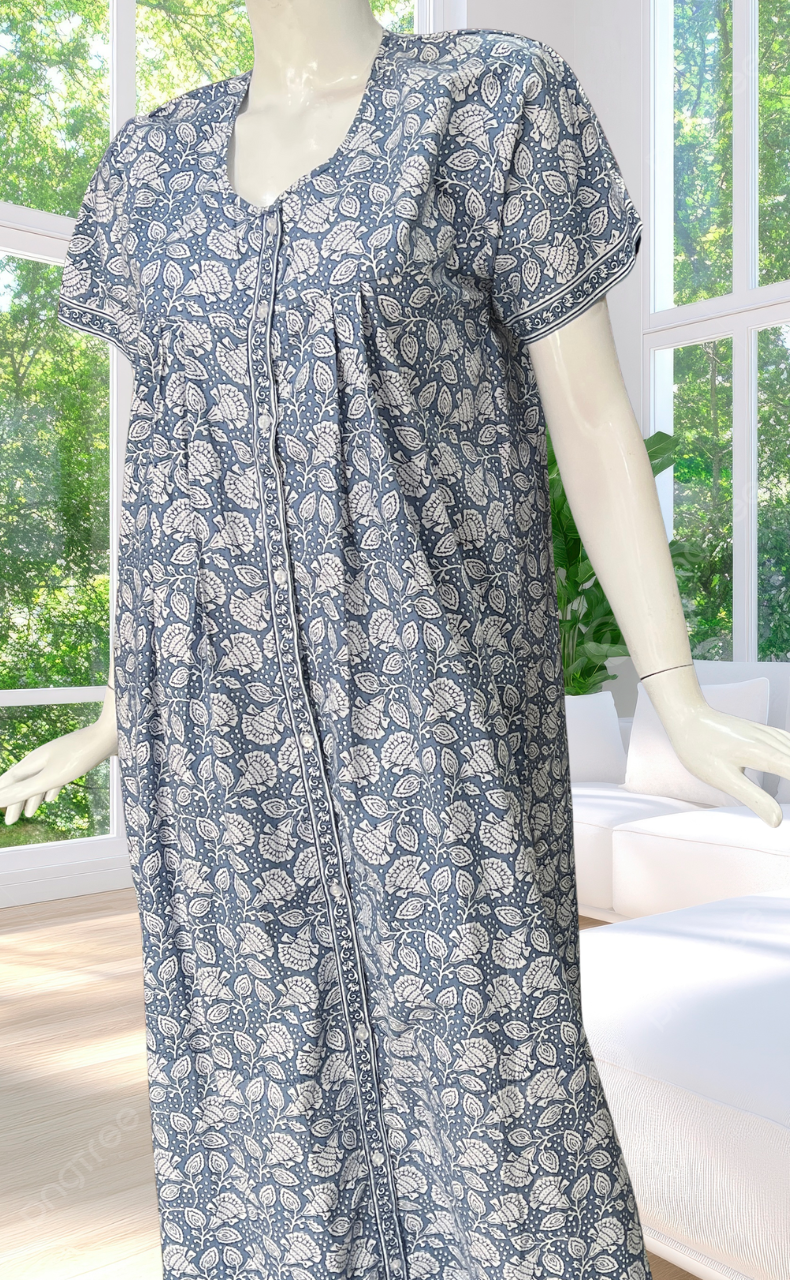 Grey Floral Full Open Pure Cotton Nighty. Pure Cotton | Laces and Frills