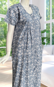 Grey Floral Full Open Pure Cotton Nighty. Pure Cotton | Laces and Frills