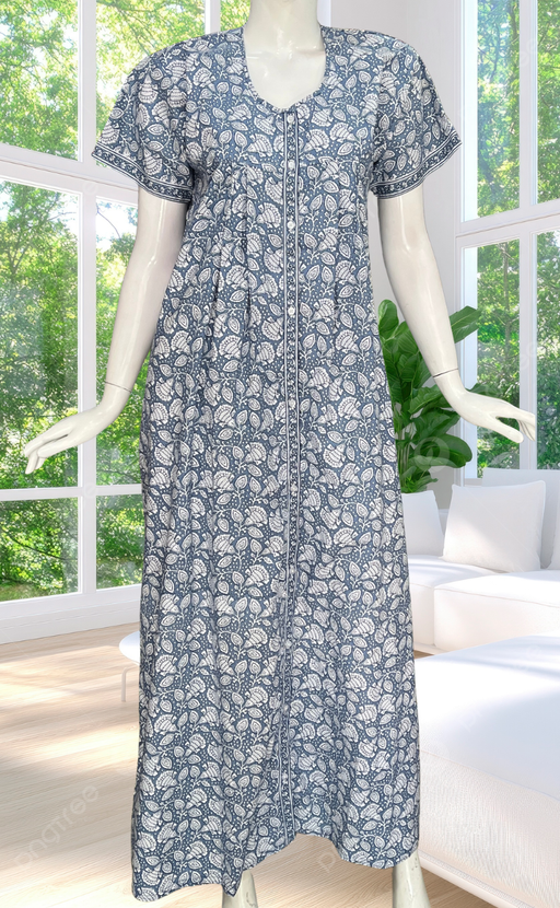 Grey Floral Full Open Pure Cotton Nighty. Pure Cotton | Laces and Frills