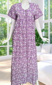 Lavender Floral Full Open Pure Cotton Nighty. Pure Cotton | Laces and Frills