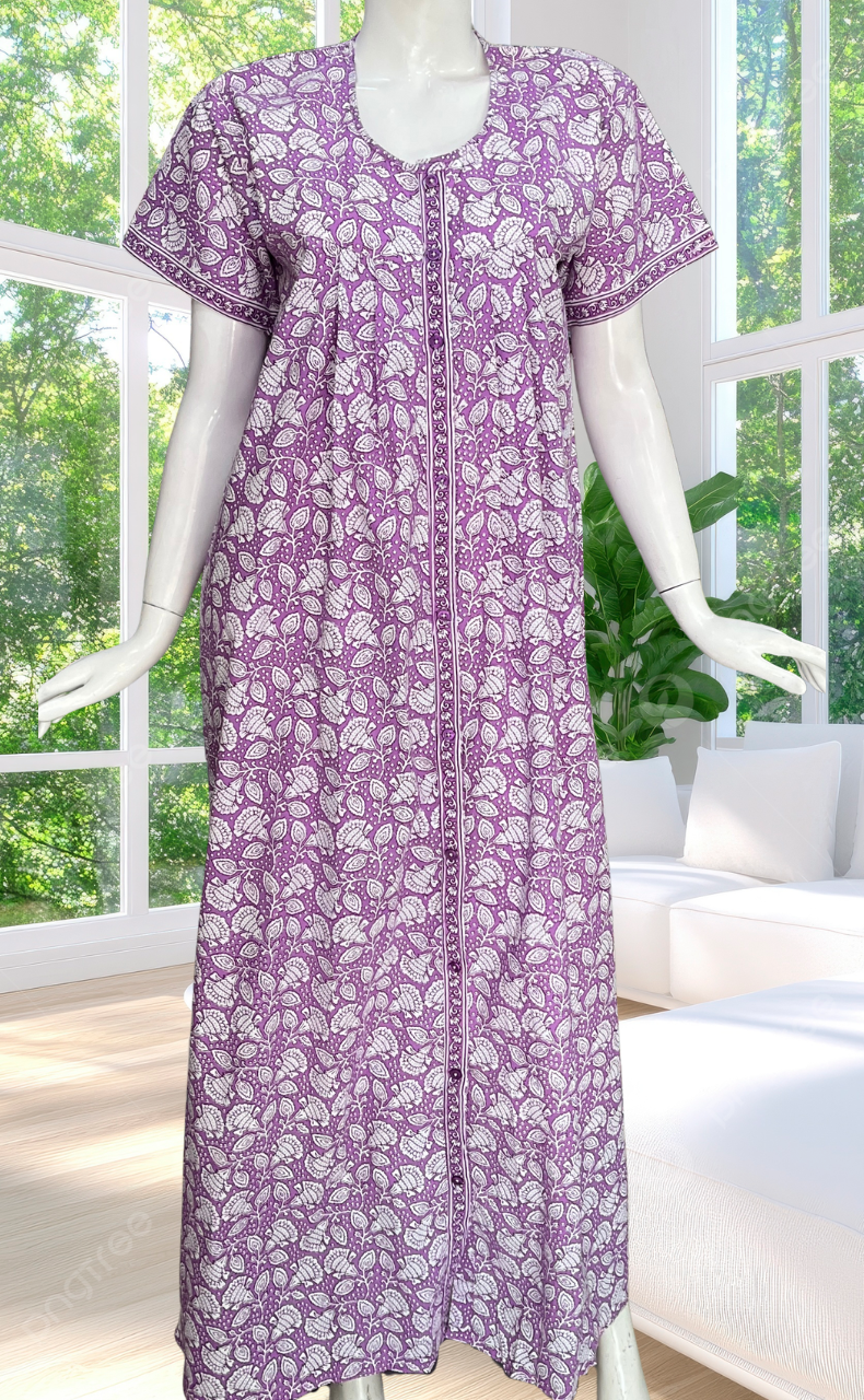 Lavender Floral Full Open Pure Cotton Nighty. Pure Cotton | Laces and Frills