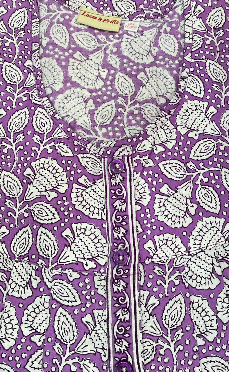 Lavender Floral Full Open Pure Cotton Nighty. Pure Cotton | Laces and Frills