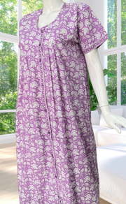 Lavender Floral Full Open Pure Cotton Nighty. Pure Cotton | Laces and Frills