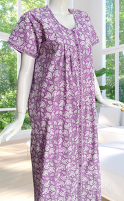 Lavender Floral Full Open Pure Cotton Nighty. Pure Cotton | Laces and Frills